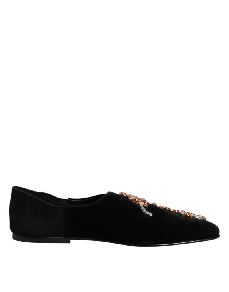 Black Velvet Embellished Loafer Slip On Shoes-Dolce & Gabbana-LabelTerrace.com