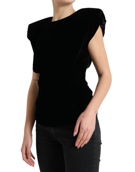 Black Velvet Fitted Padded Shoulder Blouse Top-Dolce & Gabbana-LabelTerrace.com