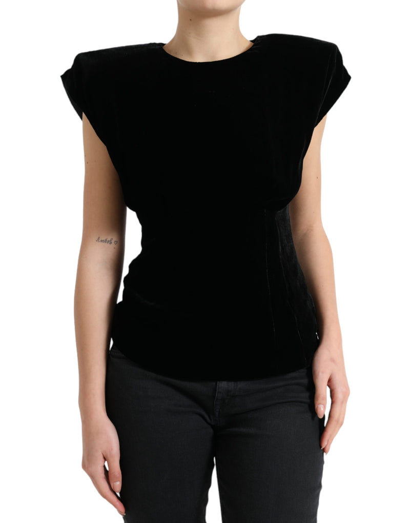 Black Velvet Fitted Padded Shoulder Blouse Top-Dolce & Gabbana-LabelTerrace.com