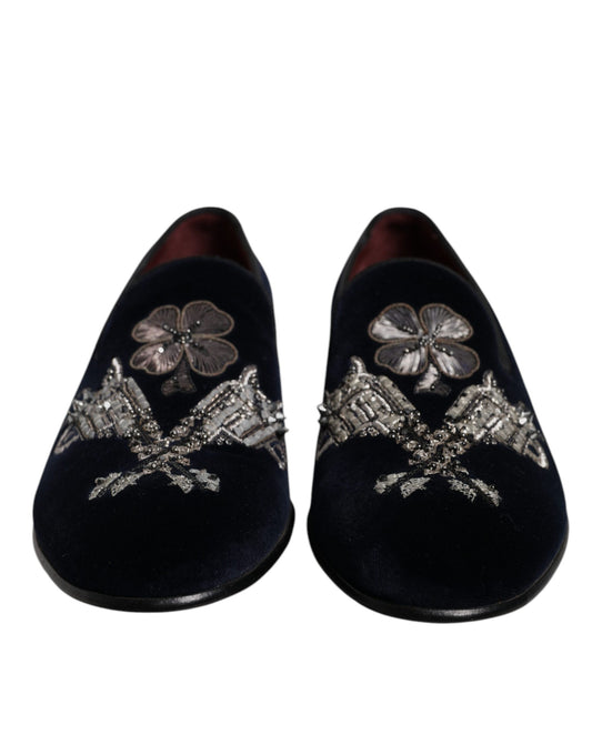 Black Velvet Floral Gun Loafers Dress Shoes-Dolce & Gabbana-LabelTerrace.com
