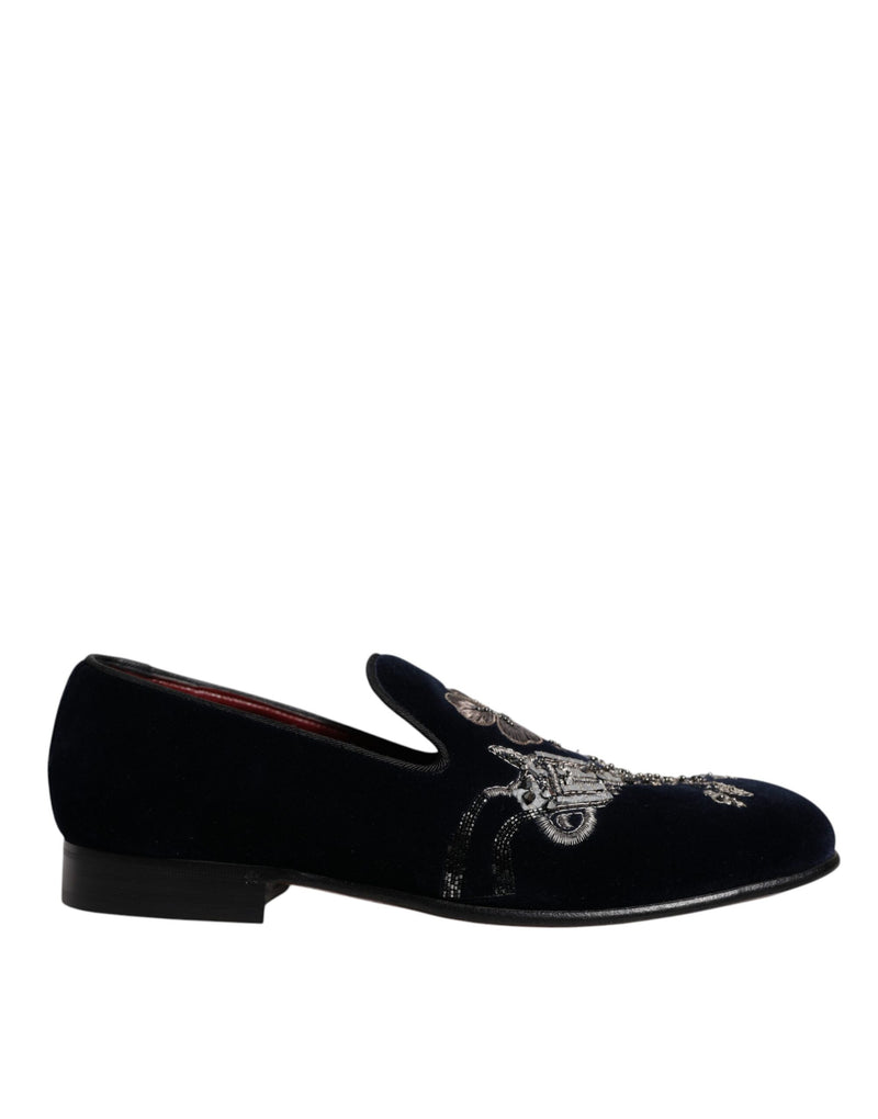 Black Velvet Floral Gun Loafers Dress Shoes-Dolce & Gabbana-LabelTerrace.com