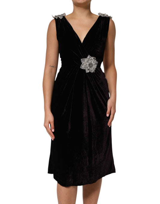 Black Velvet Flower Embellishment Aline Dress-Dolce & Gabbana-LabelTerrace.com