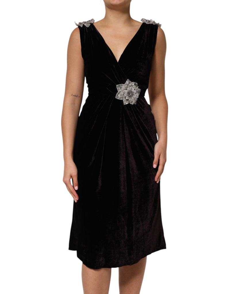 Black Velvet Flower Embellishment Aline Dress-Dolce & Gabbana-LabelTerrace.com