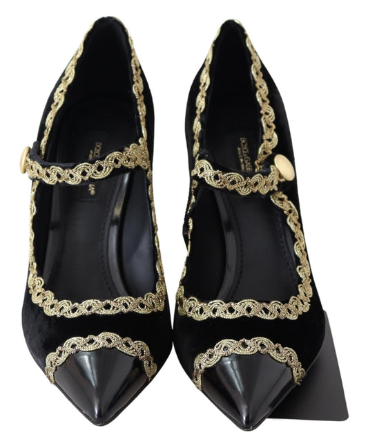 Black Velvet Gold Mary Janes Pumps-Dolce & Gabbana-LabelTerrace.com