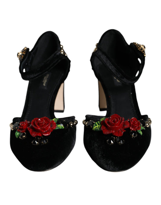 Black Velvet Roses Ankle Strap Pumps Shoes-Dolce & Gabbana-LabelTerrace.com