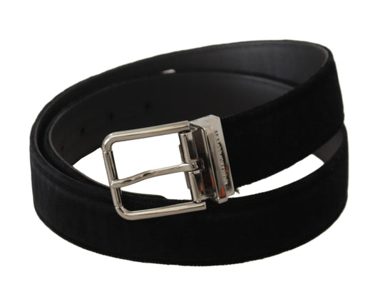 Black Velvet Silver Logo Engraved Metal Buckle Belt-Dolce & Gabbana-LabelTerrace.com