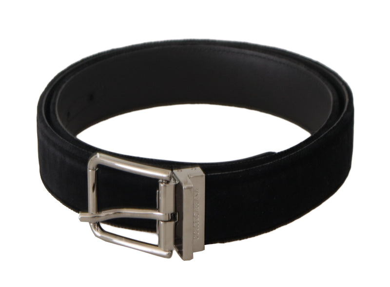 Black Velvet Silver Logo Engraved Metal Buckle Belt-Dolce & Gabbana-LabelTerrace.com