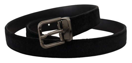 Black Velvet Silver Tone Logo Metal Buckle Belt-Dolce & Gabbana-LabelTerrace.com