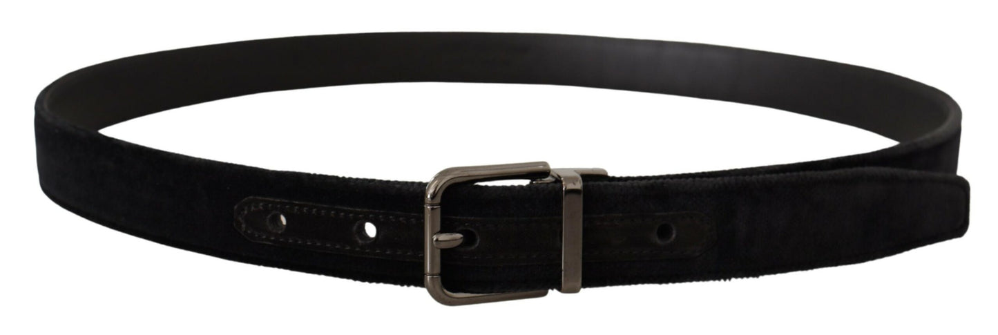 Black Velvet Silver Tone Logo Metal Buckle Belt-Dolce & Gabbana-LabelTerrace.com