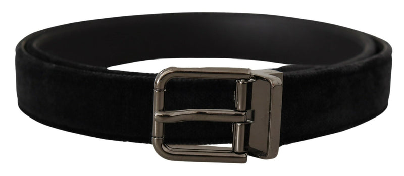 Black Velvet Silver Tone Logo Metal Buckle Belt-Dolce & Gabbana-LabelTerrace.com
