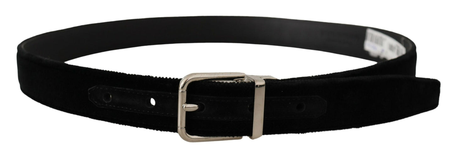 Black Velvet Silver Tone Metal Logo Buckle Belt-Dolce & Gabbana-LabelTerrace.com