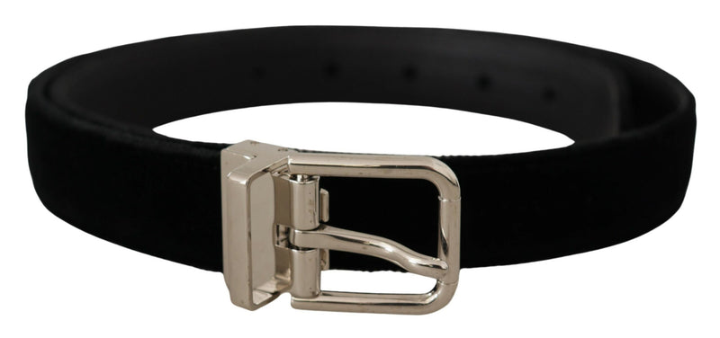 Black Velvet Silver Tone Metal Logo Buckle Belt-Dolce & Gabbana-LabelTerrace.com