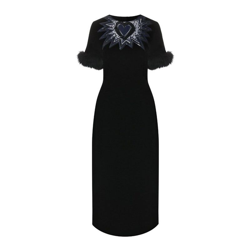 Fur Trim Velvet Midi Dress-Fendi-LabelTerrace.com