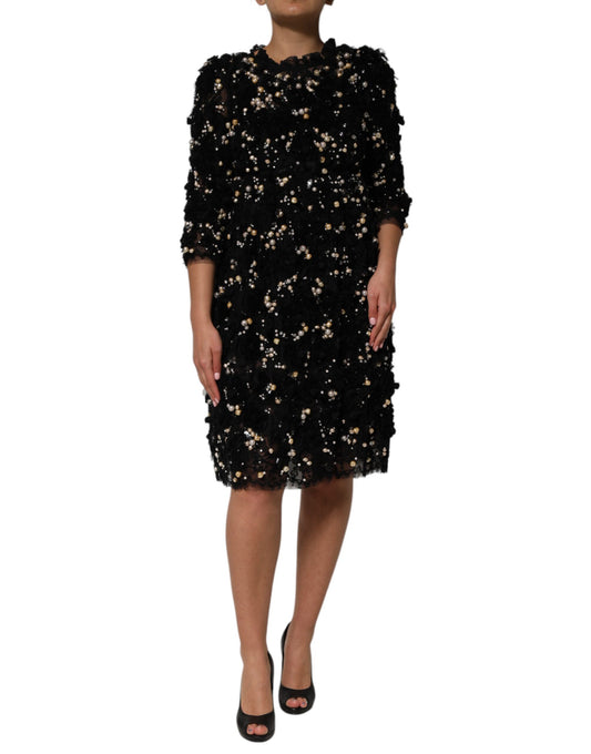 Black Viscose Pearl Embellishment Shift Dress-Dolce & Gabbana-LabelTerrace.com