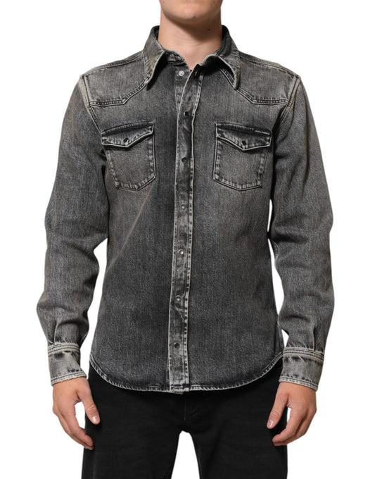 Black Washed Cotton Snap Long Sleeve Casual Shirt-Dolce & Gabbana-LabelTerrace.com