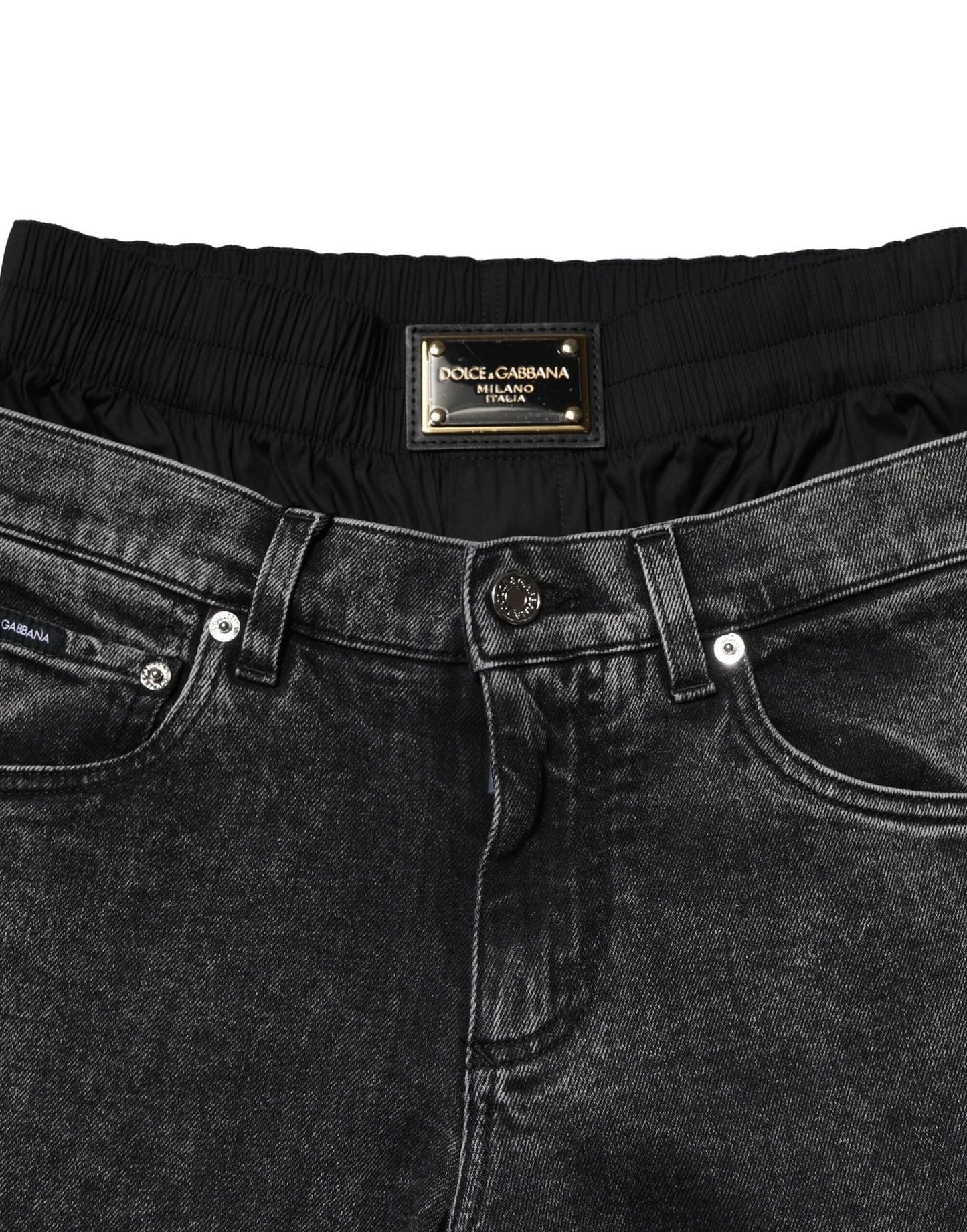 Black Washed Double Waistband Denim Jeans-Dolce & Gabbana-LabelTerrace.com