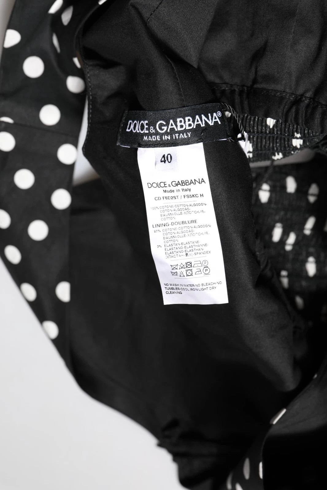 Black White Cotton Polka Dot Print V Neck Dress-Dolce & Gabbana-LabelTerrace.com