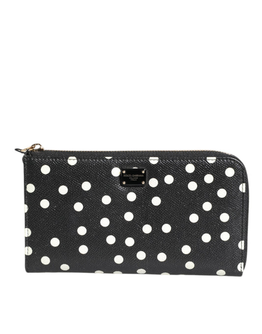 Black White Dotted Leather Zip Around Continental Wallet-Dolce & Gabbana-LabelTerrace.com