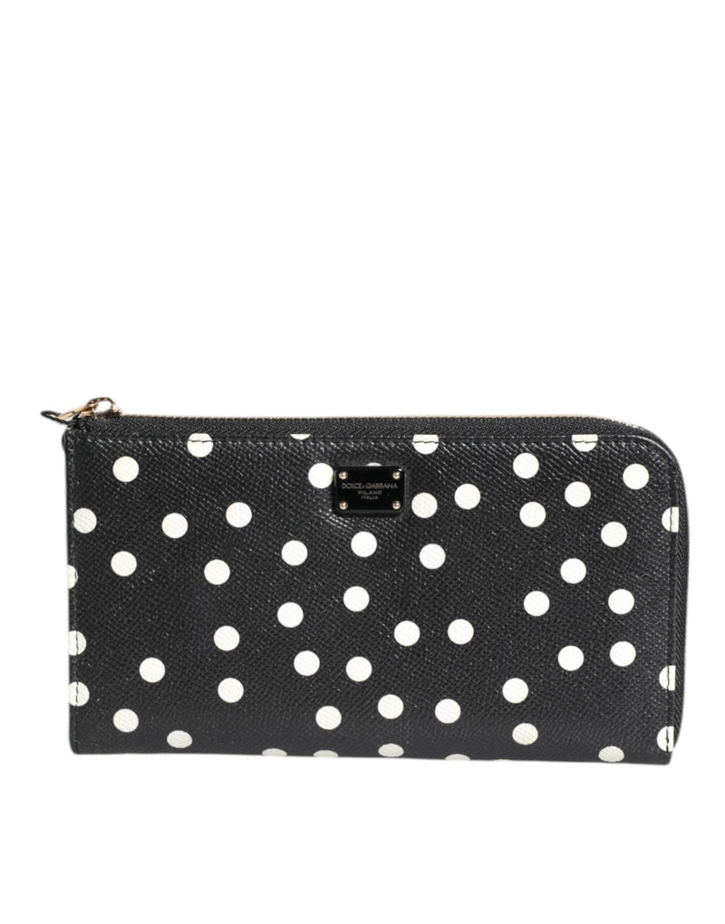 Black White Dotted Leather Zip Around Continental Wallet-Dolce & Gabbana-LabelTerrace.com
