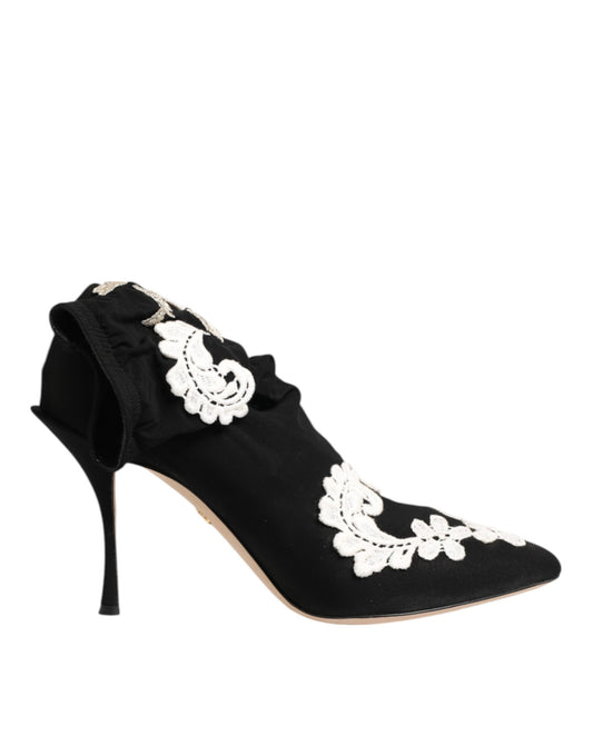 Black White Embroidered Jersey Stiletto Boots Shoes-Dolce & Gabbana-LabelTerrace.com