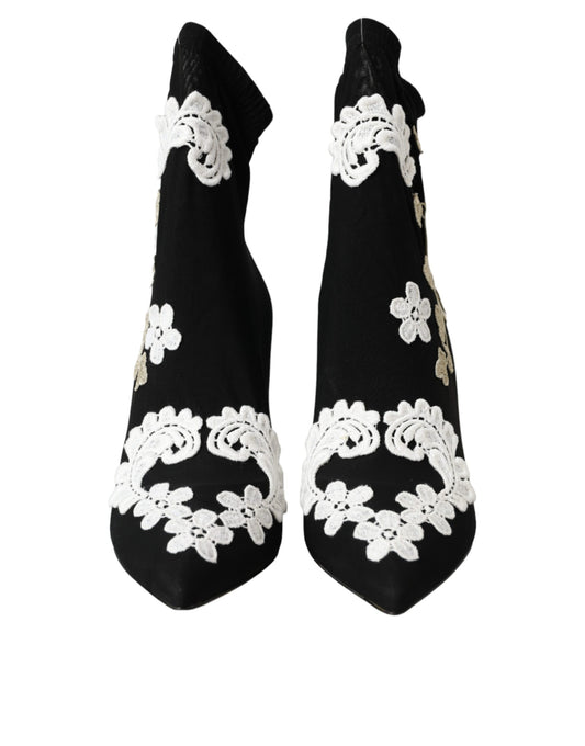 Black White Embroidery Slip On Boots Shoes-Dolce & Gabbana-LabelTerrace.com