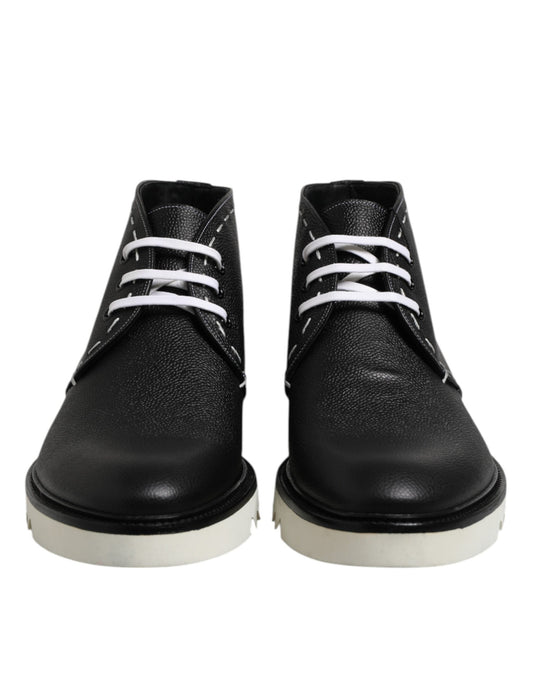Black White Leather Ankle Boots Shoes-Dolce & Gabbana-LabelTerrace.com
