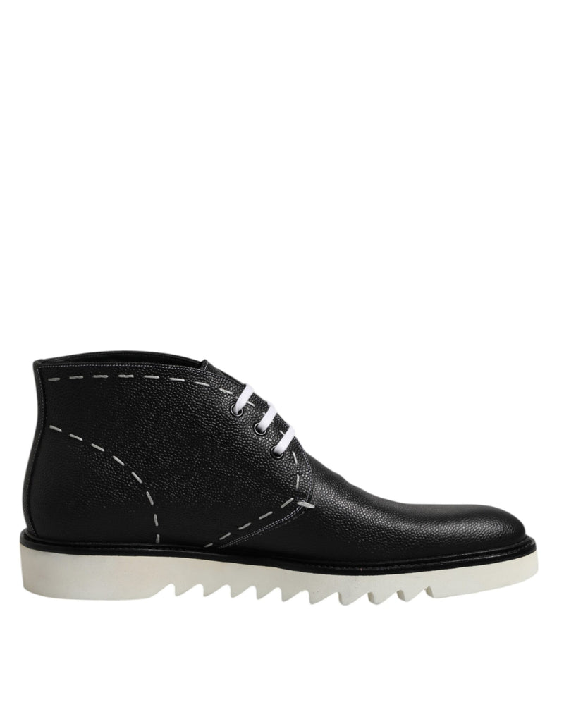 Black White Leather Ankle Boots Shoes-Dolce & Gabbana-LabelTerrace.com