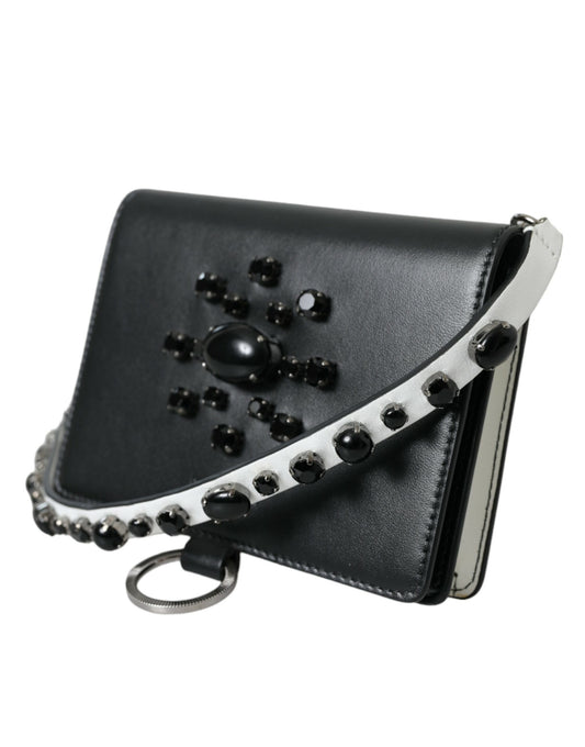 Black White Leather Crystal Embellished Cardholder Wallet-Dolce & Gabbana-LabelTerrace.com