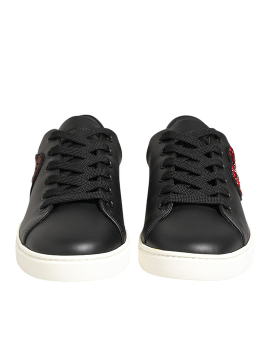 Black White Leather Crystal Heart Sneakers Shoes-Dolce & Gabbana-LabelTerrace.com