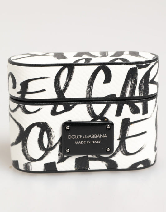Black White Leather Monogram Print Logo Holder Airpods Case-Dolce & Gabbana-LabelTerrace.com