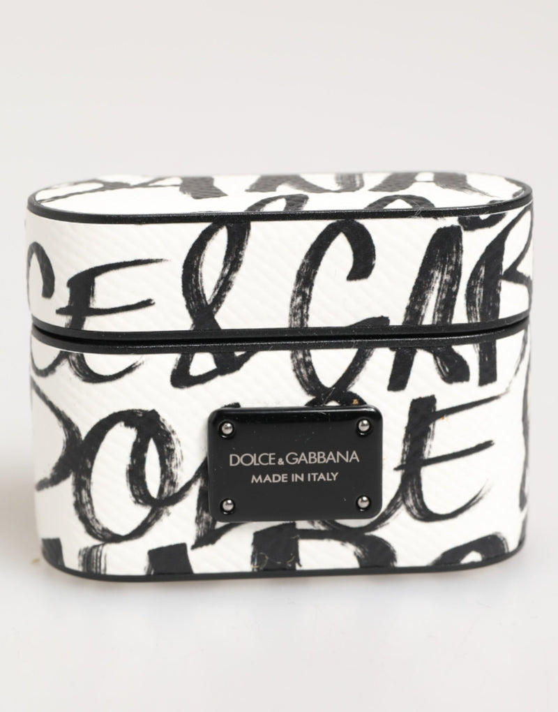 Black White Leather Monogram Print Logo Holder Airpods Case-Dolce & Gabbana-LabelTerrace.com