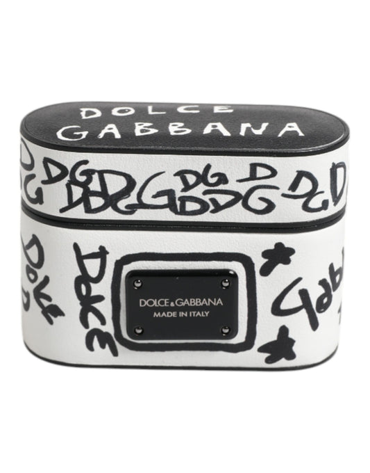 Black White Leather Scribble Embossed Logo Airpods Case-Dolce & Gabbana-LabelTerrace.com