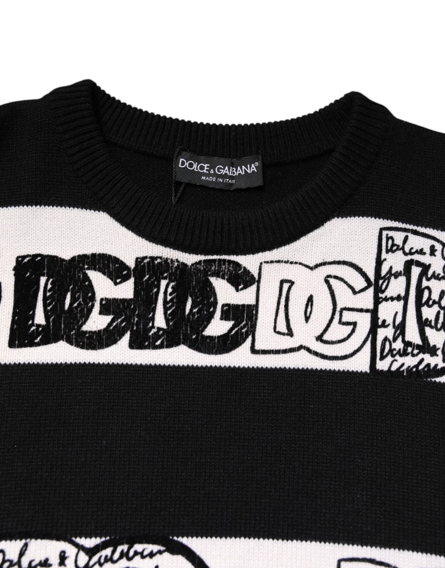 Black White Logo Print Wool Pullover Sweater-Dolce & Gabbana-LabelTerrace.com