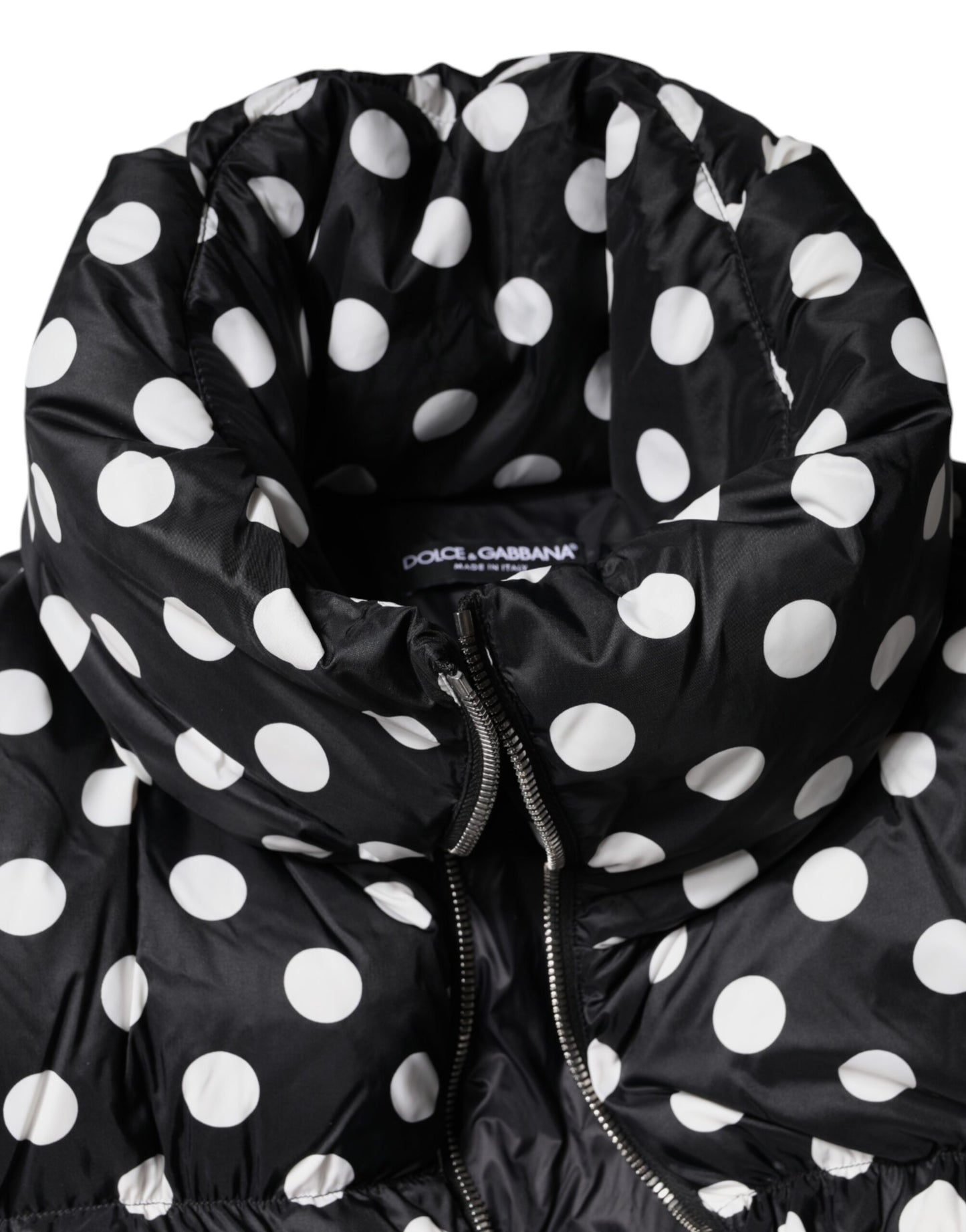 Black White Polka Dot Full Zip Puffer Jacket-Dolce & Gabbana-LabelTerrace.com