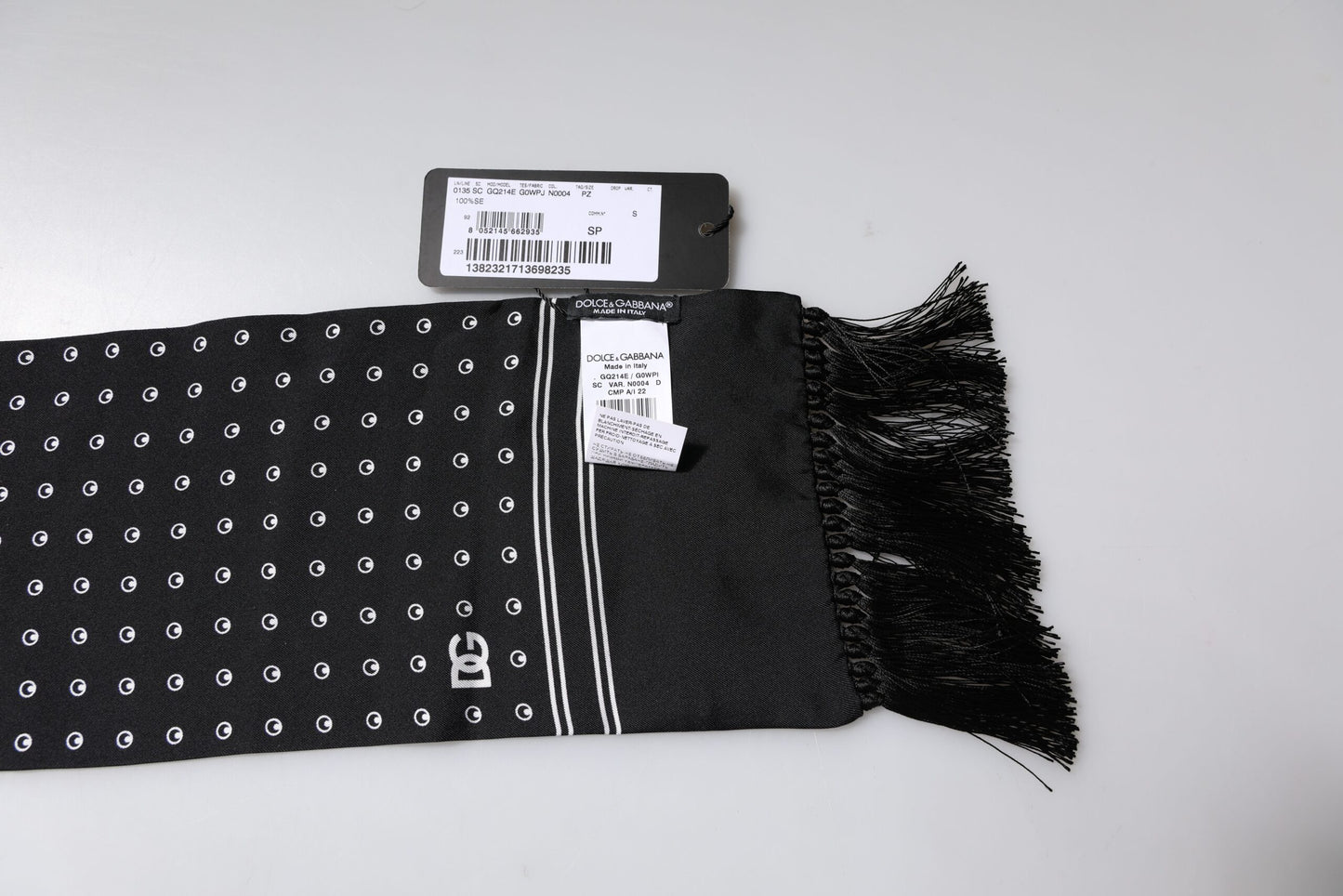 Black White Polka Dotted Silk Skinny Fringes Scarf-Dolce & Gabbana-LabelTerrace.com
