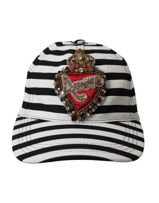 Black White Stripe Amore Heart Applique Baseball Hat-Dolce & Gabbana-LabelTerrace.com