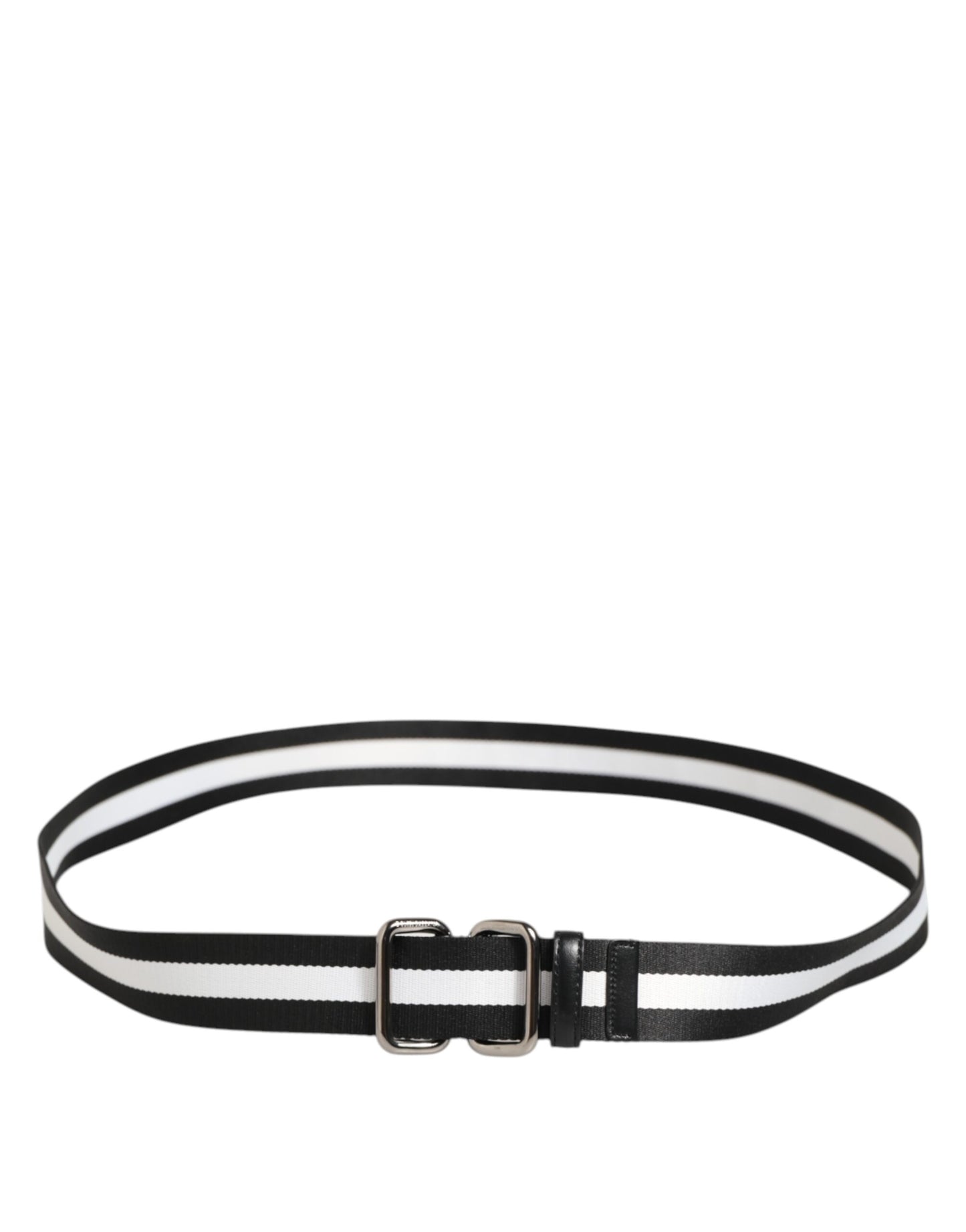 Black White Striped Logo Metal Buckle Belt