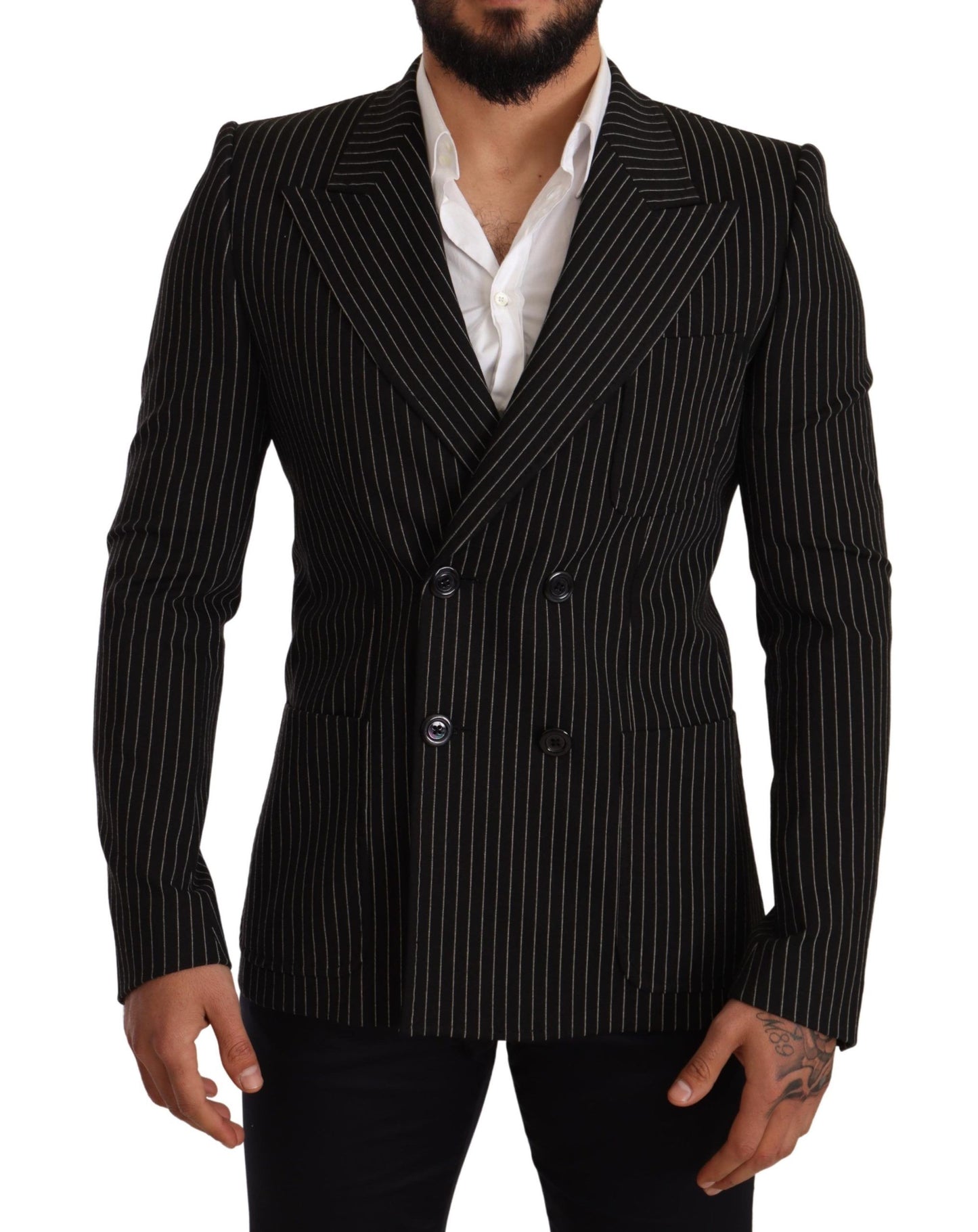 Black White Striped Slim Fit Coat Blazer-Dolce & Gabbana-LabelTerrace.com