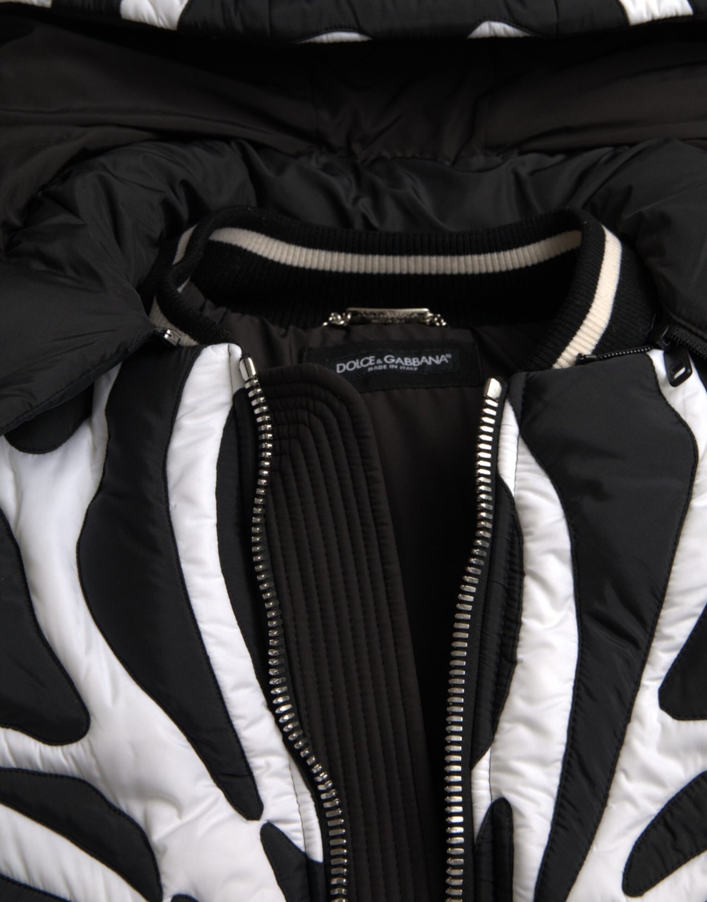 Black White Stripes Hooded Puffer Jacket-Dolce & Gabbana-LabelTerrace.com