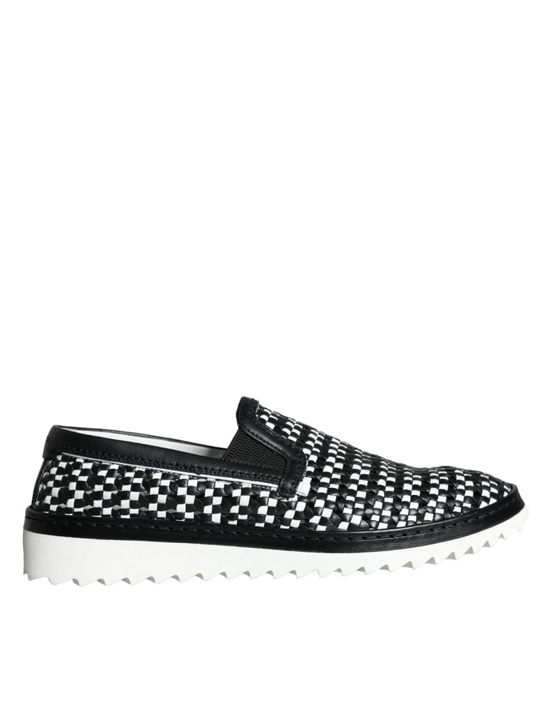 Black White Weaved Slip On Men Loafers Shoes-Dolce & Gabbana-LabelTerrace.com