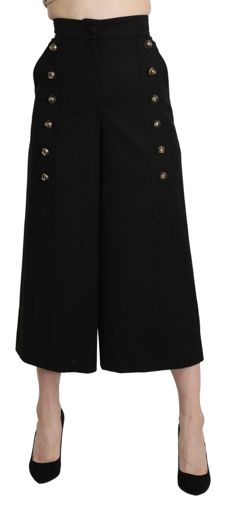 Black Wide Wool Leg Cropped Trouser Pant-Dolce & Gabbana-LabelTerrace.com