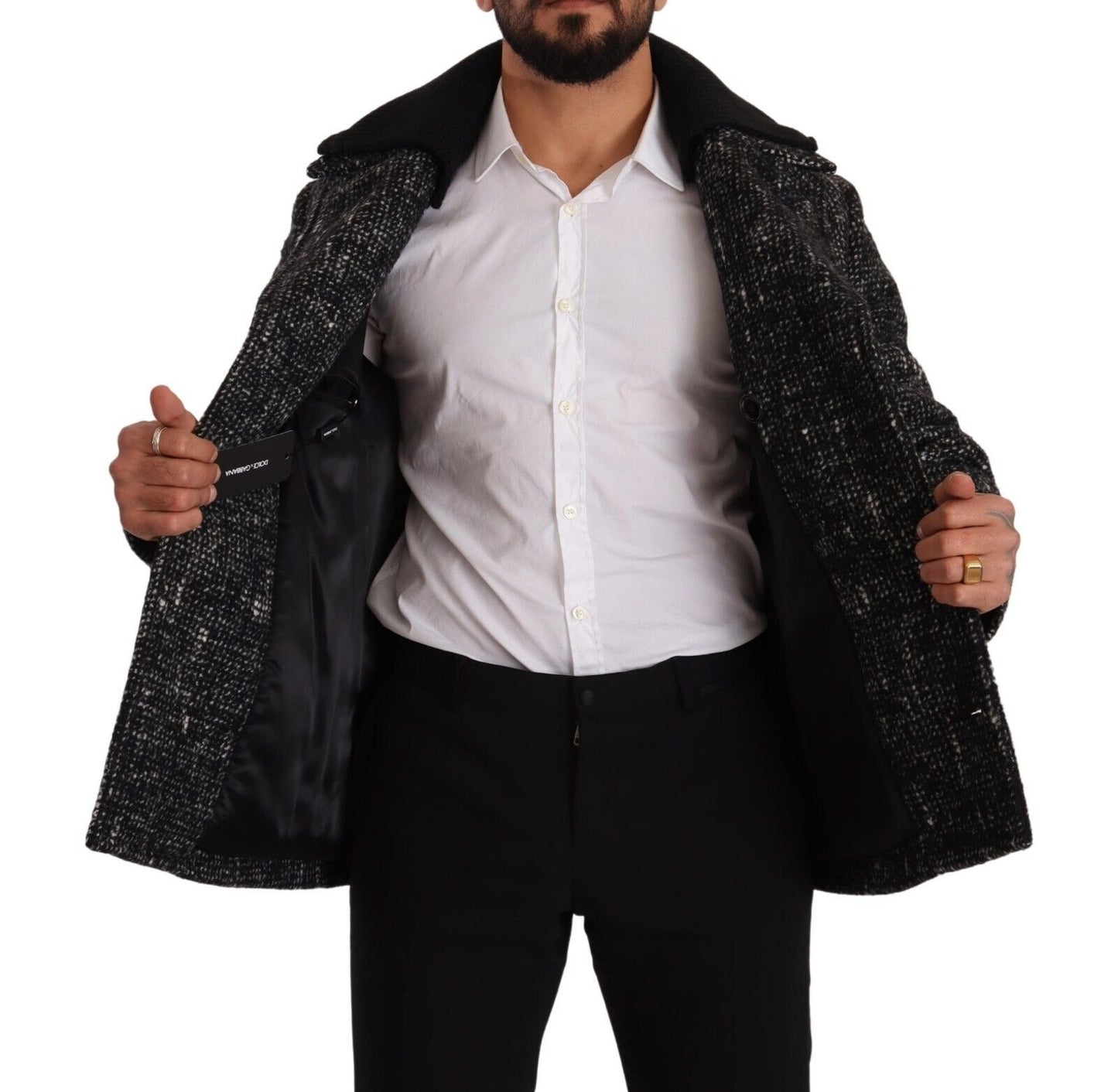 Black Wool Double Breasted Coat Men Jacket-Dolce & Gabbana-LabelTerrace.com