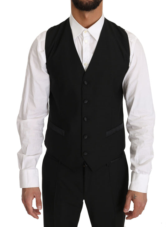 Black Wool Dress Waistcoat Gillet Vest-Dolce & Gabbana-LabelTerrace.com
