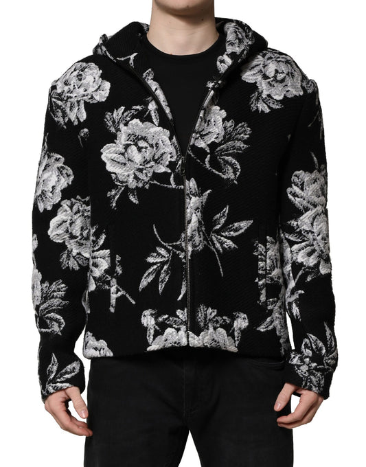 Black Wool Floral Printed Men Hooded Jacket-Dolce & Gabbana-LabelTerrace.com