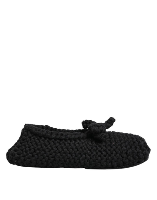Black Wool Knit Slip On Ballerina Flats Shoes-Dolce & Gabbana-LabelTerrace.com