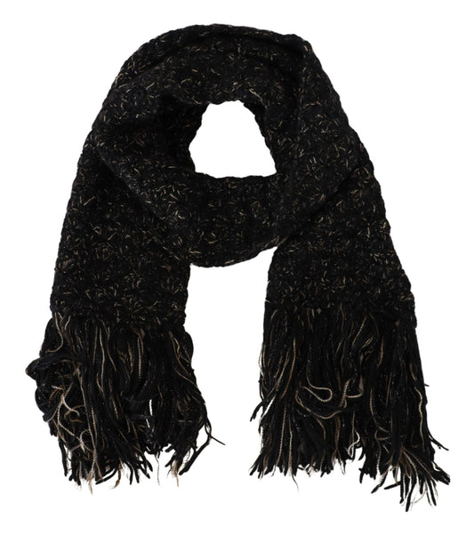 Black Wool Knitted Wrap Foulard Fringe Scarf-Dolce & Gabbana-LabelTerrace.com