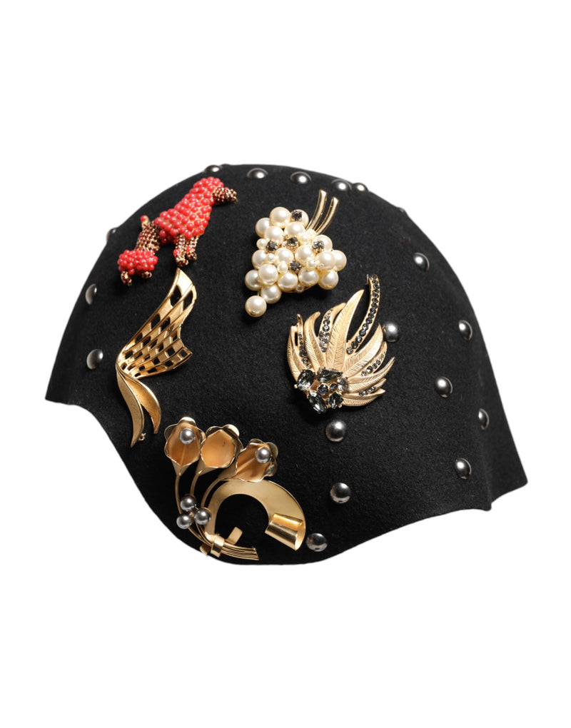 Black Wool Multicolor Embellished Cloche Hat-Dolce & Gabbana-LabelTerrace.com
