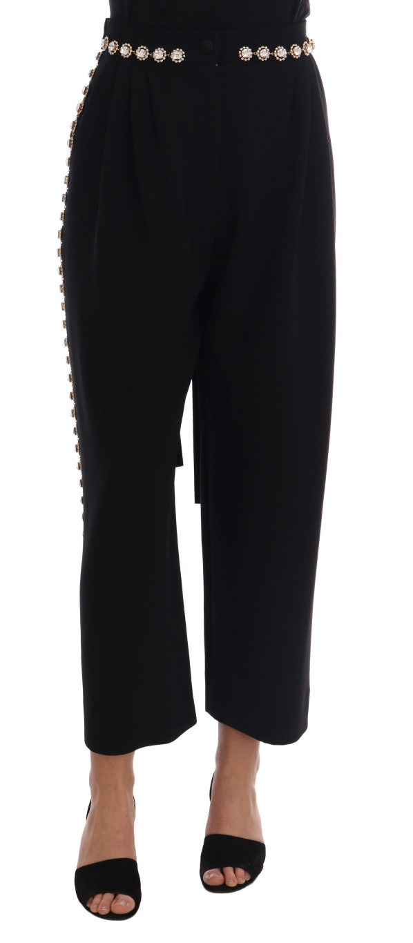 Black Wool Stretch Crystal Pants-Dolce & Gabbana-LabelTerrace.com