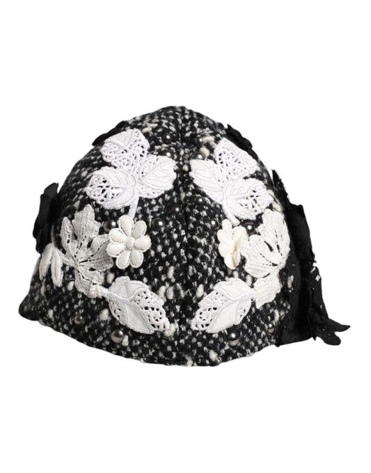 Black Wool White Floral Embellished Cloche Hat-Dolce & Gabbana-LabelTerrace.com
