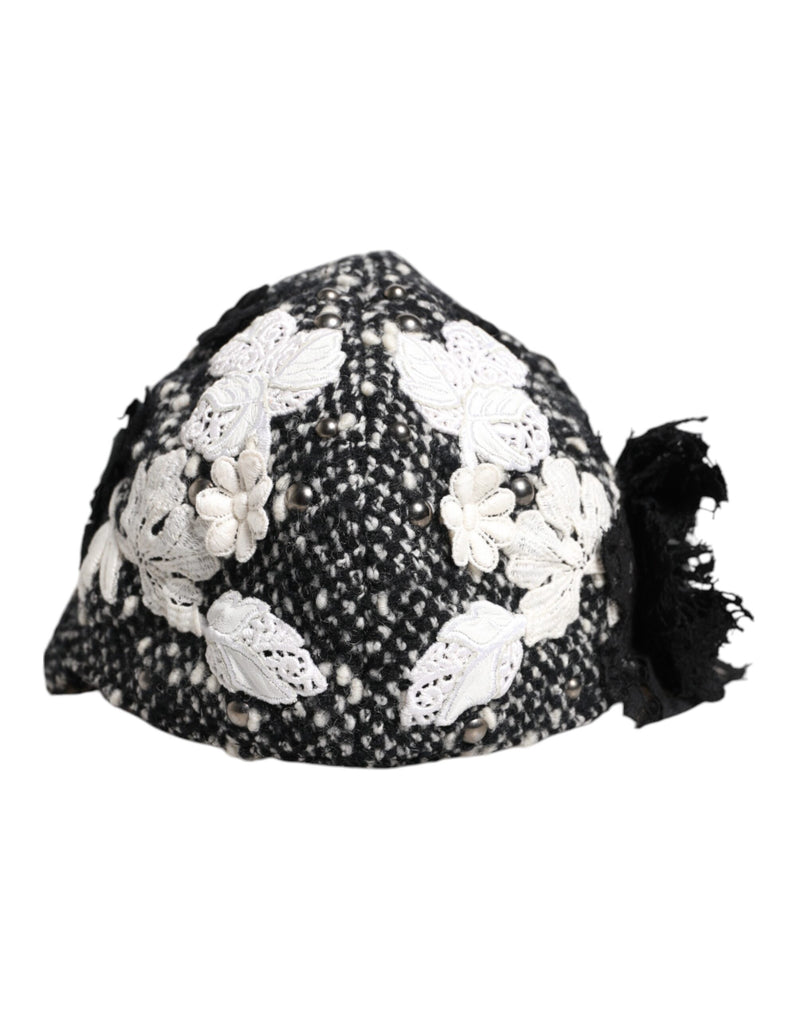 Black Wool White Floral Embellished Cloche Hat-Dolce & Gabbana-LabelTerrace.com